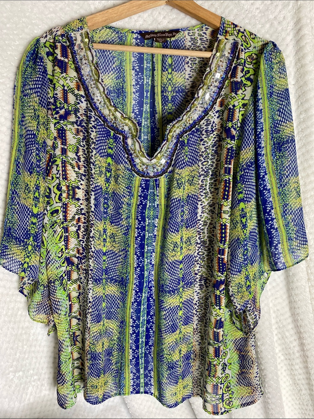 Mushkaby Sienna Rose, Inc. Beaded Sheer Top in Blue & Green